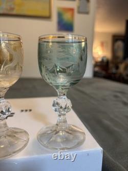 Bohemian Czech Crystal Wine Glass 4 Set Of 5 Vintage Cut To Clear Gold Rim