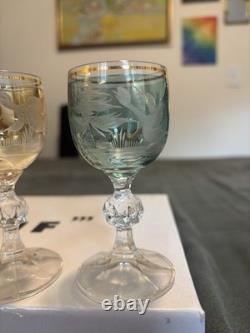 Bohemian Czech Crystal Wine Glass 4 Set Of 5 Vintage Cut To Clear Gold Rim