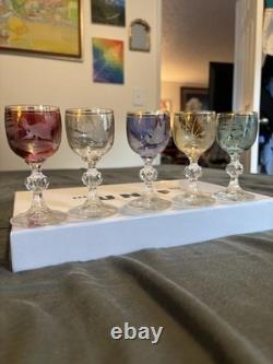 Bohemian Czech Crystal Wine Glass 4 Set Of 5 Vintage Cut To Clear Gold Rim