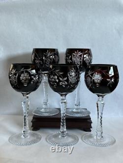 Bohemian Czech Glass Clear To Cut Crystal Ruby Dark Red Hock Wine Glass Set Of 5