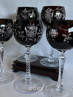 Bohemian Czech Glass Clear To Cut Crystal Ruby Dark Red Hock Wine Glass Set Of 5