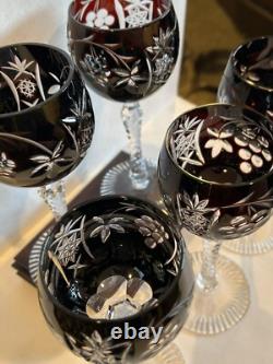 Bohemian Czech Glass Clear To Cut Crystal Ruby Dark Red Hock Wine Glass Set Of 5