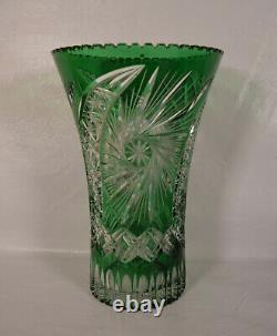 Bohemian Czech Hand Cut to Clear Crystal Green Vase 12