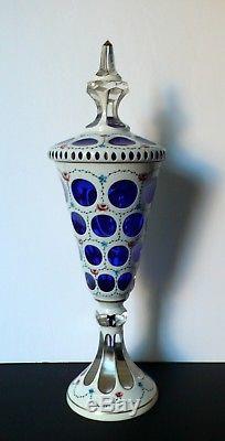 Bohemian Czech Moser Crystal Apothecary Jar Vase White Overlay Cut To Cobalt