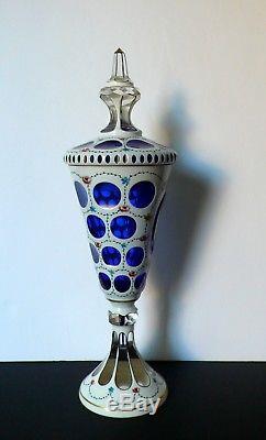 Bohemian Czech Moser Crystal Apothecary Jar Vase White Overlay Cut To Cobalt