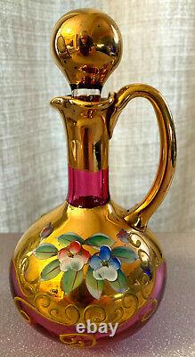 Bohemian Czech Red Cranberry 24k Gold Raised Enamel Hand Cut Crystal Cruet