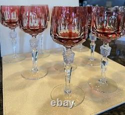 Bohemian Czech Vtg Crystal Red Cranberry Cut To Clear Glass 9 Wine Hock Goblets