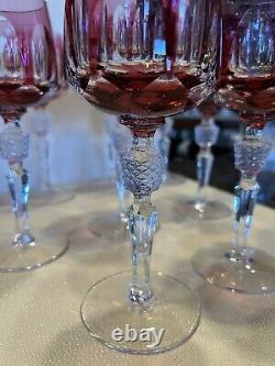Bohemian Czech Vtg Crystal Red Cranberry Cut To Clear Glass 9 Wine Hock Goblets