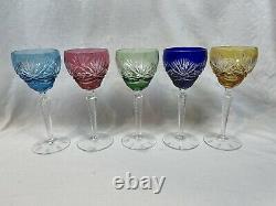 Bohemian Glass Cut to Clear Crystal Wine Glasses Goblets Set of 5 Colorful