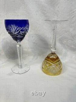 Bohemian Glass Cut to Clear Crystal Wine Glasses Goblets Set of 5 Colorful