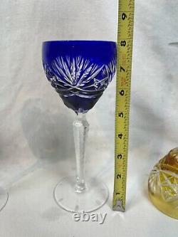 Bohemian Glass Cut to Clear Crystal Wine Glasses Goblets Set of 5 Colorful