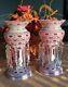 Bohemian Hand Cut Enamel Overlay Mantle Lusters Pair Cranberry (FLAWLESS)