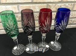 Bohemian Multi Color Crystal Cut to Clear Champagne Flutes Glasses Set 4