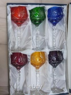 Bohemian Vintage Cut To Clear Multicolor Crystal Wine Glasses In Box Set Of Six