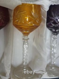 Bohemian Vintage Cut To Clear Multicolor Crystal Wine Glasses In Box Set Of Six