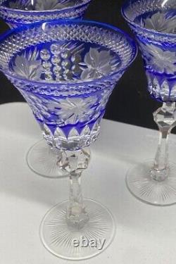 Bohemian Wine Glass 8 3/8 Cobalt Blue Cased Cut To Clear Crystal