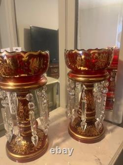 Bohemian cut crystal cranberry glass luster lamp