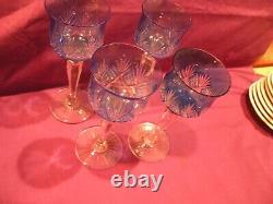 Bohemian style BLUE cut crystal 7 3/4 wine glasses FOUR