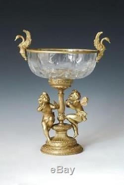 Bronze Playing Cherubs and Diamond Cut Crystal Compote Bowl