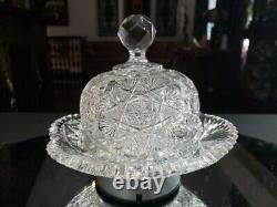 Butter Dish & Lid American Brilliant period Cut Glass Crystal Fanned Hobstar