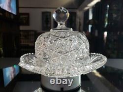 Butter Dish & Lid American Brilliant period Cut Glass Crystal Fanned Hobstar