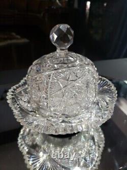 Butter Dish & Lid American Brilliant period Cut Glass Crystal Fanned Hobstar