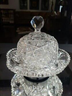 Butter Dish & Lid American Brilliant period Cut Glass Crystal Fanned Hobstar