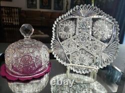 Butter Dish & Lid American Brilliant period Cut Glass Crystal Fanned Hobstar