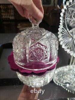 Butter Dish & Lid American Brilliant period Cut Glass Crystal Fanned Hobstar