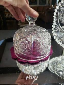 Butter Dish & Lid American Brilliant period Cut Glass Crystal Fanned Hobstar