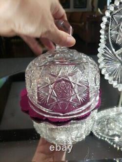 Butter Dish & Lid American Brilliant period Cut Glass Crystal Fanned Hobstar