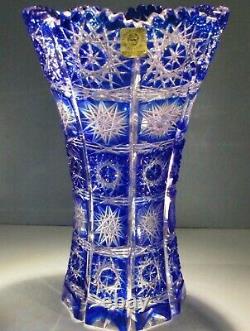 CAESAR CRYSTAL Blue Vase Hand Blown Cut to Clear Overlay Czech Bohemia Cased