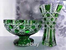 CAESAR CRYSTAL Emerald Green Footed Bowl Hand Cut to Clear Overlay, 10, 2327gr