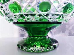 CAESAR CRYSTAL Emerald Green Footed Bowl Hand Cut to Clear Overlay, 10, 2327gr