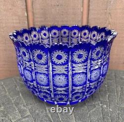 CAESAR CRYSTAL Large Blue Cut To Clear Crystal Center Piece Bowl