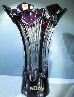 CAESAR CRYSTAL Purple Vase Cut to Clear Overlay Czech Bohemian Cased Art Glass