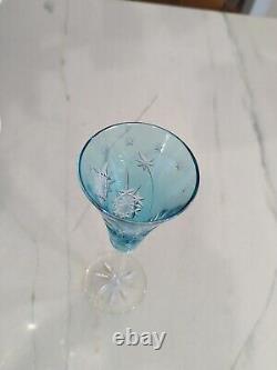 CHAMPAGNE FLUTE Cut Crystal Aqua Blue Glass Champagne Waterford Ajka Snowflake