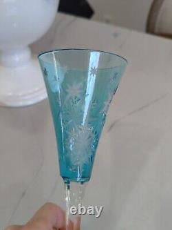 CHAMPAGNE FLUTE Cut Crystal Aqua Blue Glass Champagne Waterford Ajka Snowflake