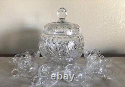 CRYSTAL PUNCH BOWL-Heavy Cut Glass WithLid 10 Cups For Showers-Weddings-Holidays