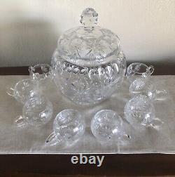 CRYSTAL PUNCH BOWL-Heavy Cut Glass WithLid 10 Cups For Showers-Weddings-Holidays