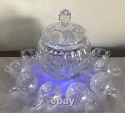 CRYSTAL PUNCH BOWL-Heavy Cut Glass WithLid 10 Cups For Showers-Weddings-Holidays