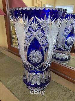 CRYSTAL Vase Cobalt Blue Hand Cut to Clear Overlay Czech Bohemian Cased