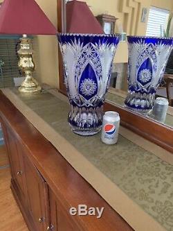 CRYSTAL Vase Cobalt Blue Hand Cut to Clear Overlay Czech Bohemian Cased
