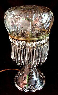 CUT GLASS MUSHROOM LAMP w WHEEL ENGRAVING 30 CRYSTAL SPEARS c. 1920'S