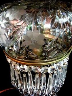 CUT GLASS MUSHROOM LAMP w WHEEL ENGRAVING 30 CRYSTAL SPEARS c. 1920'S