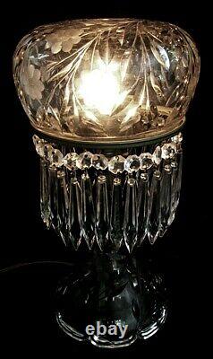 CUT GLASS MUSHROOM LAMP w WHEEL ENGRAVING 30 CRYSTAL SPEARS c. 1920'S