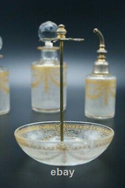 C. 1900 Saint Louis Old Cut Crystal Gold Perfume Bottles Glass Vanity Set France