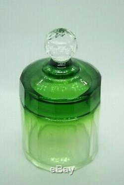 C. 1930 Baccarat Green Clear Cut Crystal Covered Box Vanity Jar Dresser France