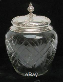 Ca 1900 STERLING SILVER LID GRAND BAROQUE DESIGN CUT CRYSTAL BISCUIT JAR