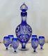 Cased Crystal DECANTER & 6 GLASSES h53cm BLUE Cut to clear overlay RUSSIA New
